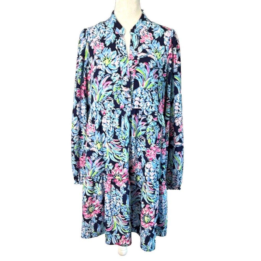 Lilly Pulitzer Navy Winona Stretch Dress Sz MED Long Sleeve Short Swing Tiered